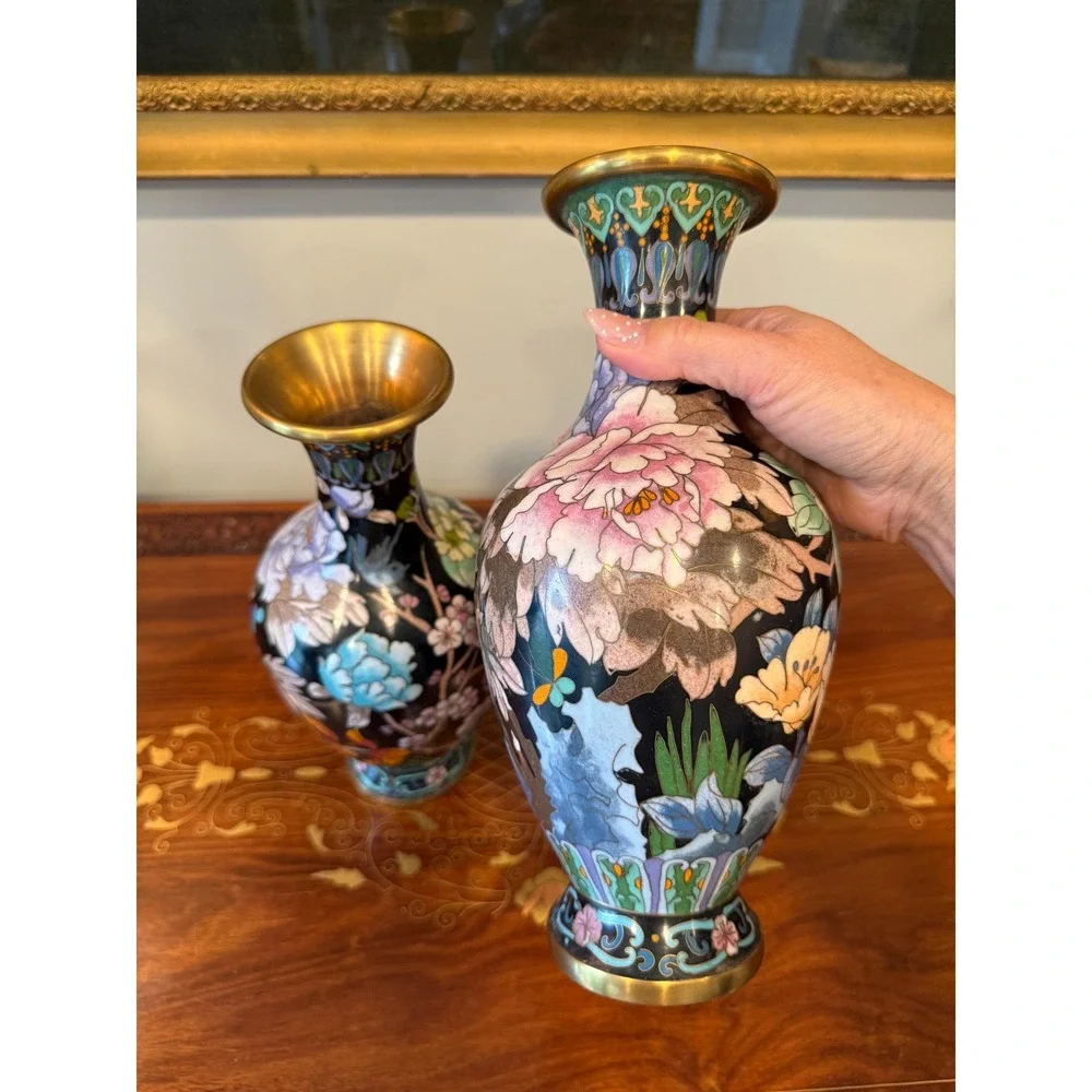 Vintage Cloisonné Peony Vase Pair‎ - 10.25